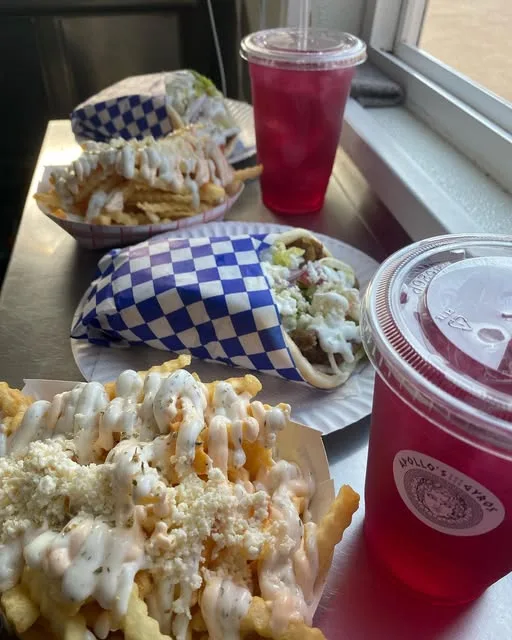Gyros in checkered paper with Apollo Fries and house hibiscus tea at the truck window